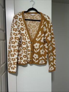 SO Mustard & White Floral Jacquard Cardigan Sweater